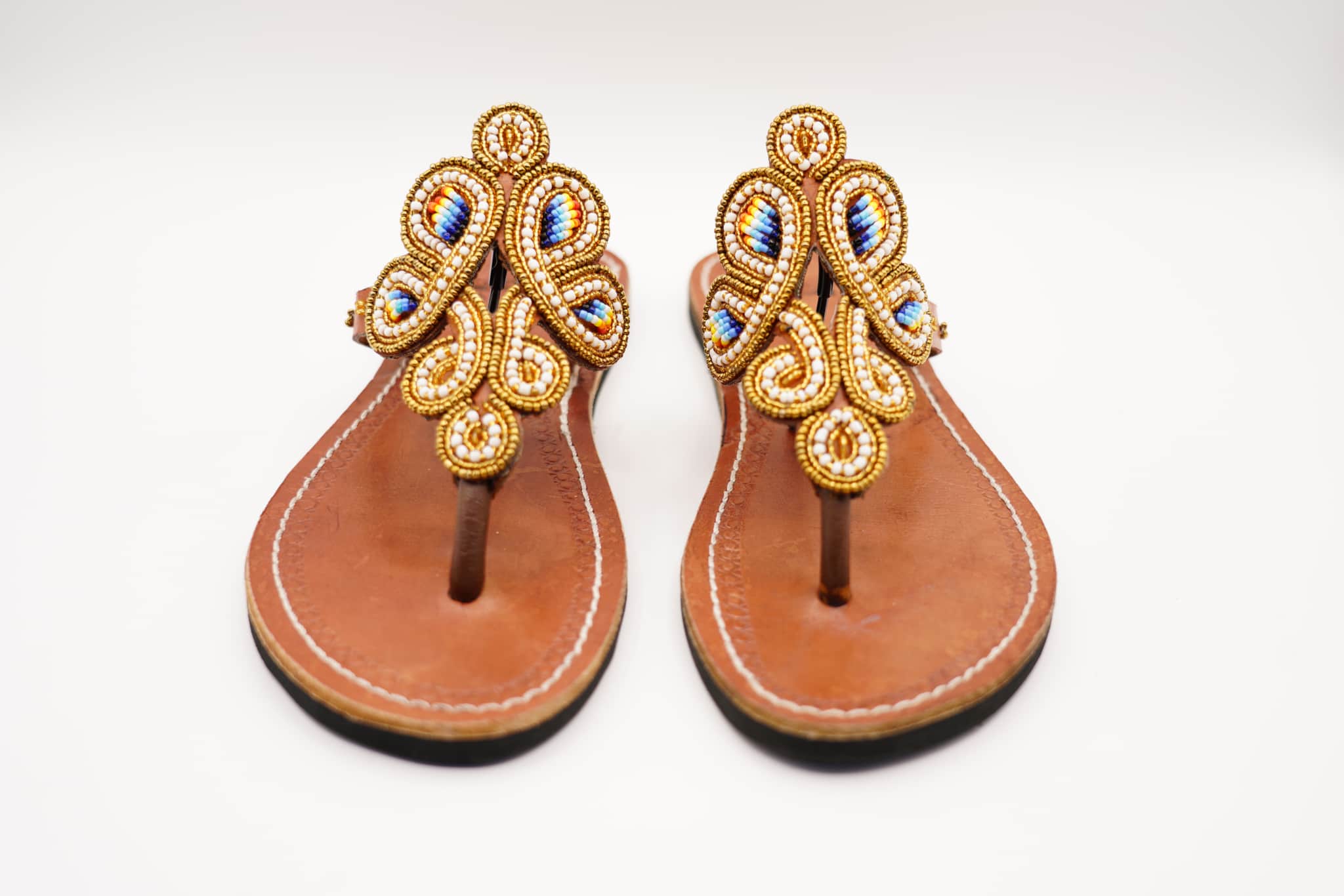 gold beaded leather sandal front