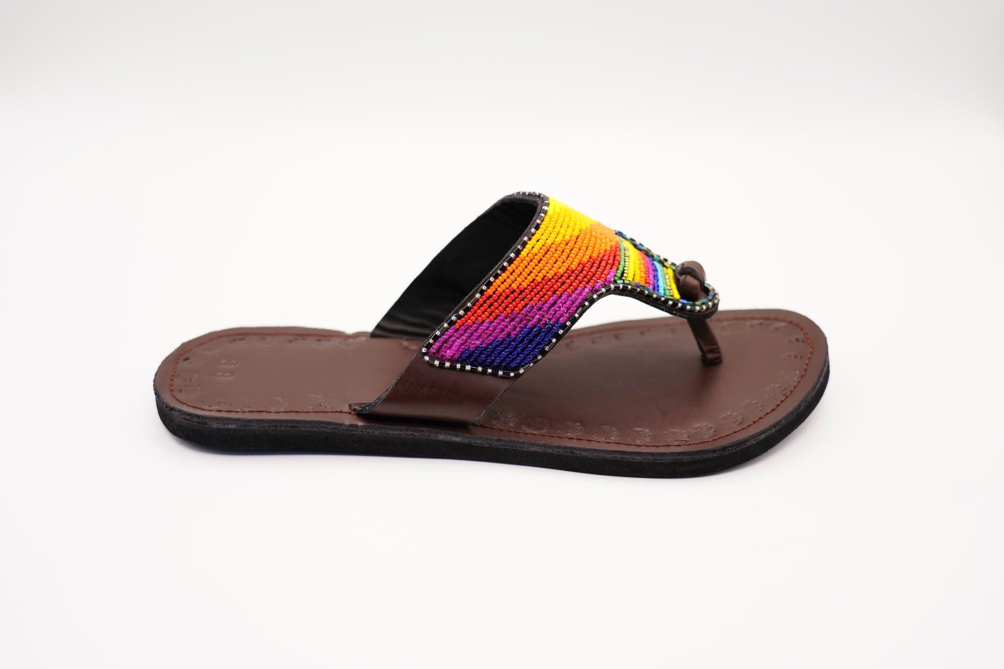 colorful beaded leather sandal profile